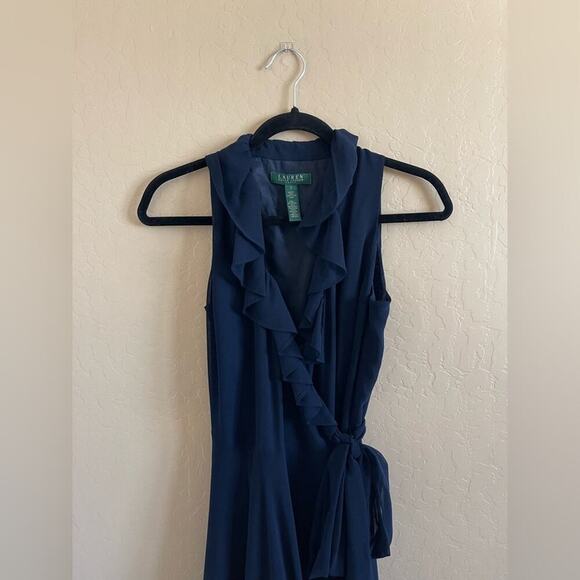 Ralph Lauren Navy Blue Wrap Ruffle Midi Dress 2 - Picture 2 of 6